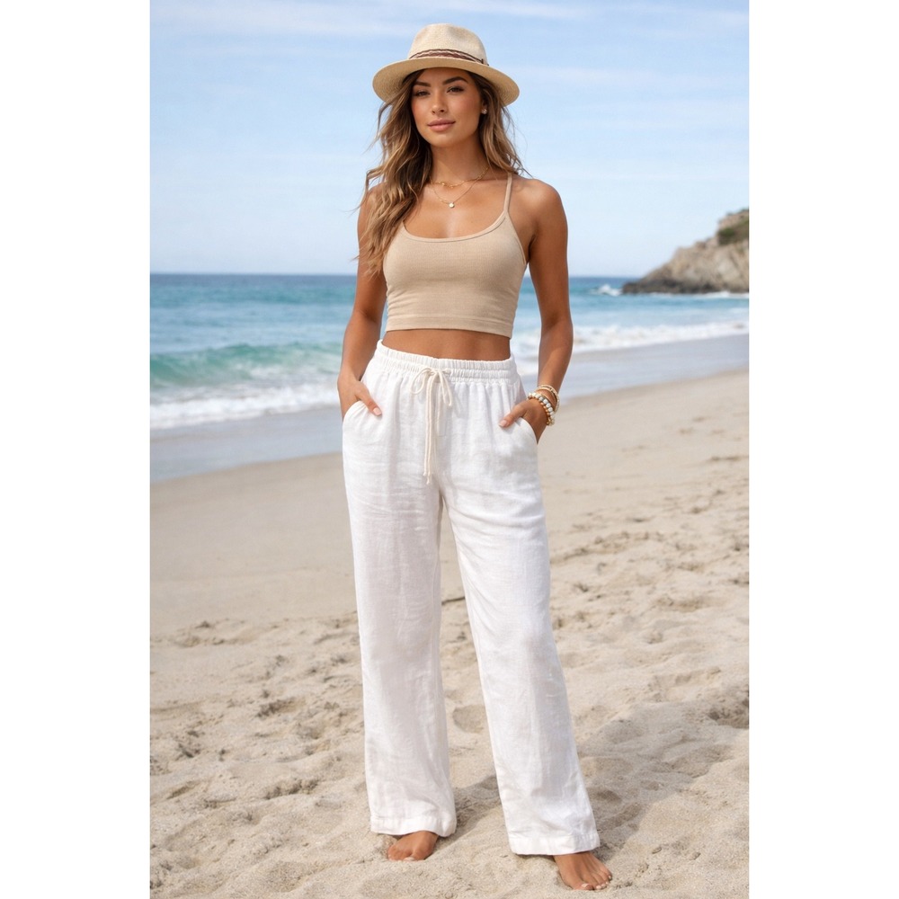 Roxy Linen Pants Small White Drawstring Elastic W… - image 1